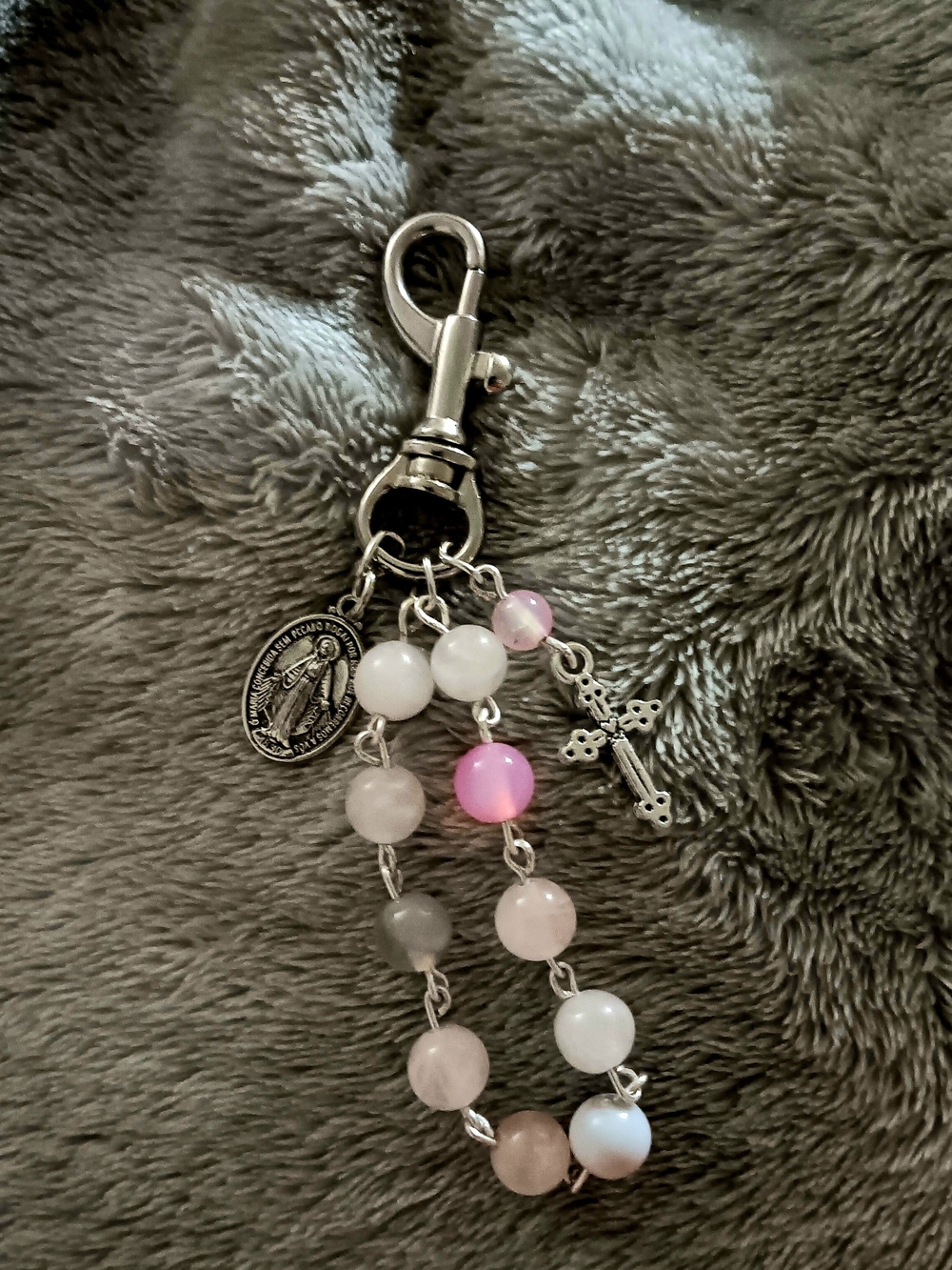 Silver Rosary-Style Pink Bead Keychain with Cross Charm